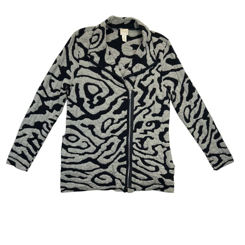 Chico's Sweater Womens Size‎ 1 Black Gray Boiled Wool-Blend Patterned Cardigan
